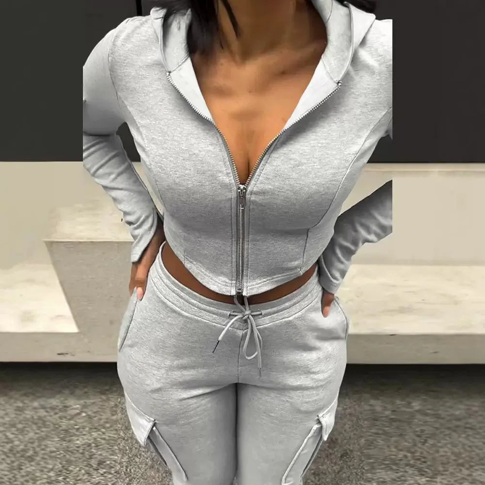 Women Tracksuit Pant Sets Zipper Design Crop Hoodie & Drawstring Jogging Long Cargo Joggers Sweatpants Set Matching Sets Pants