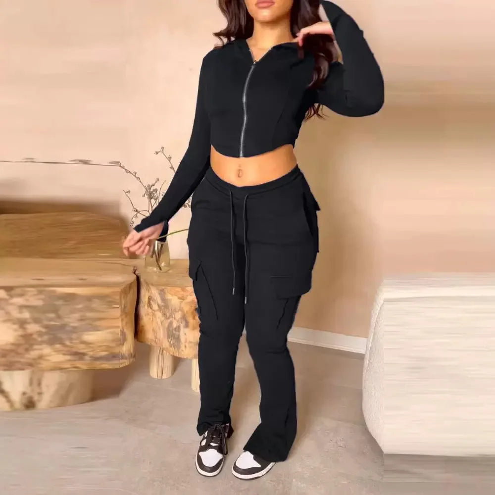 Women Tracksuit Pant Sets Zipper Design Crop Hoodie & Drawstring Jogging Long Cargo Joggers Sweatpants Set Matching Sets Pants