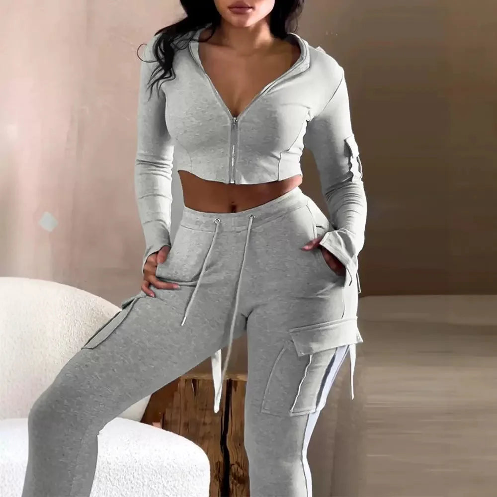 Women Tracksuit Pant Sets Zipper Design Crop Hoodie & Drawstring Jogging Long Cargo Joggers Sweatpants Set Matching Sets Pants